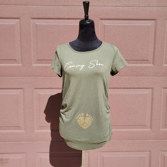 Love Wish Olive Green "Coming Soon" Gold Metallic Graphic Maternity Top Small - Picture 11 of 14